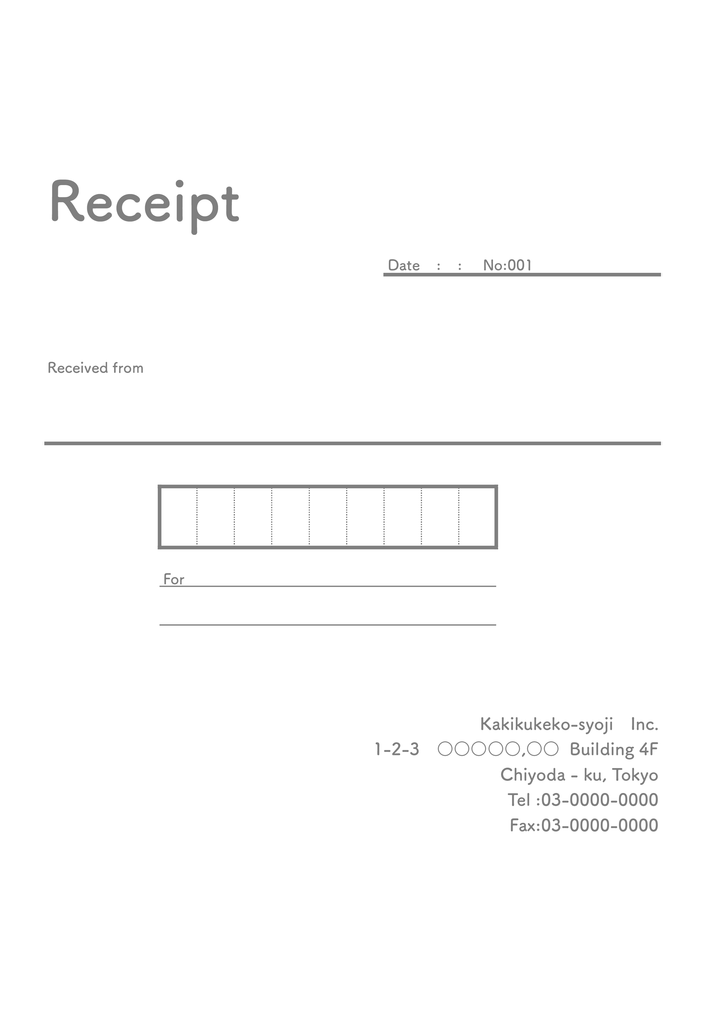 おしゃれな英字の領収書(Receipt)テンプレート（エクセル・ナンバーズ）A4 グレー