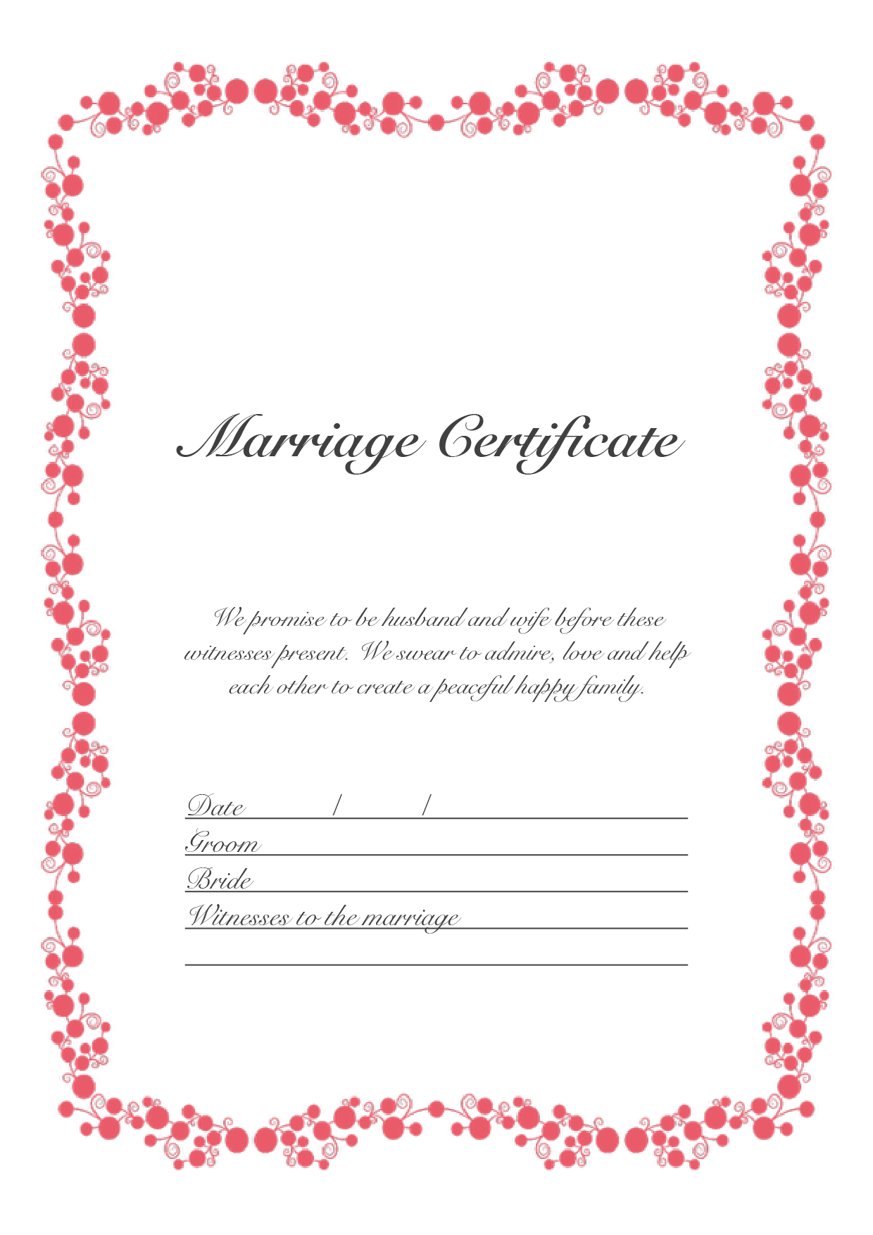 結婚証明書 英語テンプレート（ワード、ページズ）A4サイズ ガーリーピンク