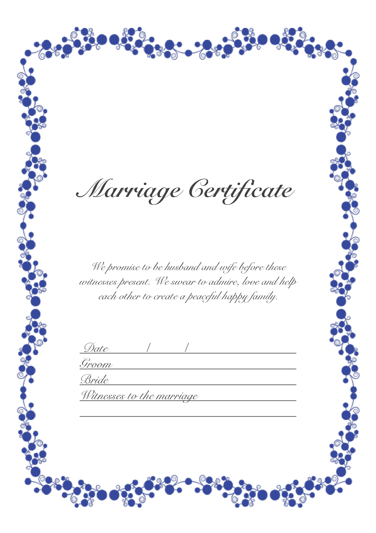 結婚証明書 英語テンプレート（ワード、ページズ）A4サイズ ガーリーブルー