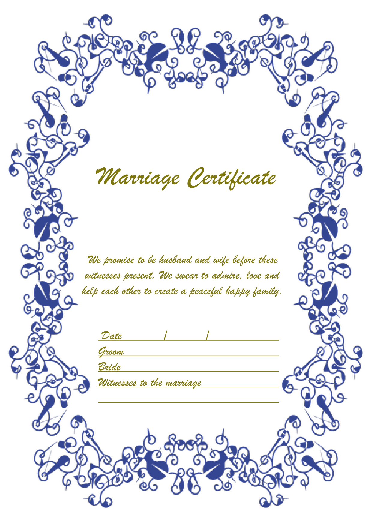 結婚証明書 英語テンプレート（ワード、ページズ）A4サイズ おしゃれブルー