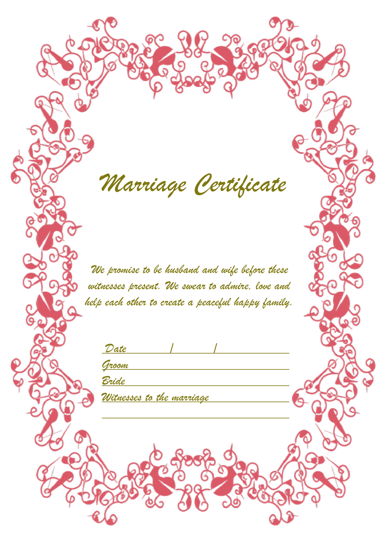 結婚証明書 英語テンプレート（ワード、ページズ）A4サイズ おしゃれピンク