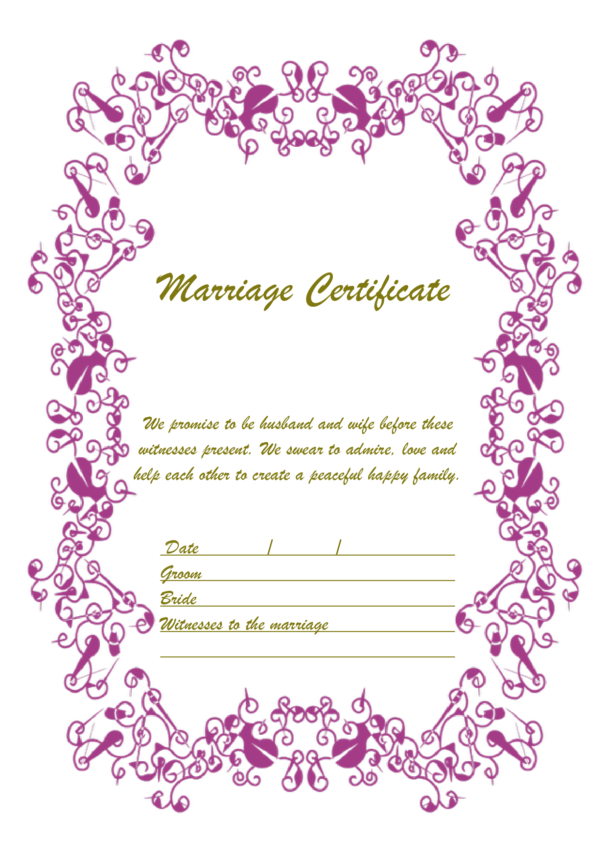 結婚証明書 英語テンプレート（ワード、ページズ）A4サイズ おしゃれパープル