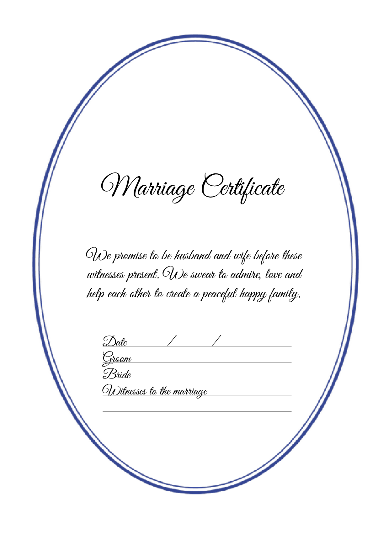 結婚証明書 英語テンプレート（ワード、ページズ）A4サイズ シンプルブルー