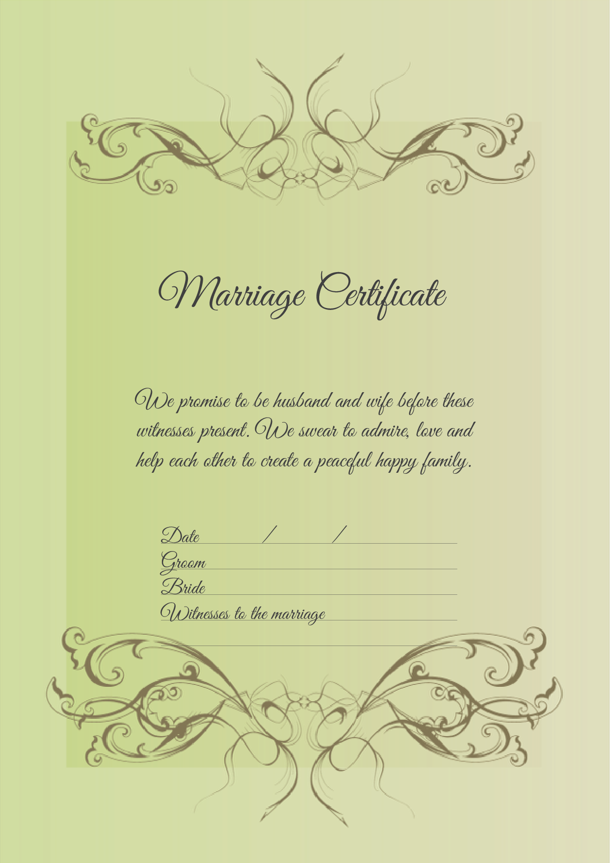 結婚証明書 英語テンプレート（ワード、ページズ）A4サイズ ベーシックグリーン