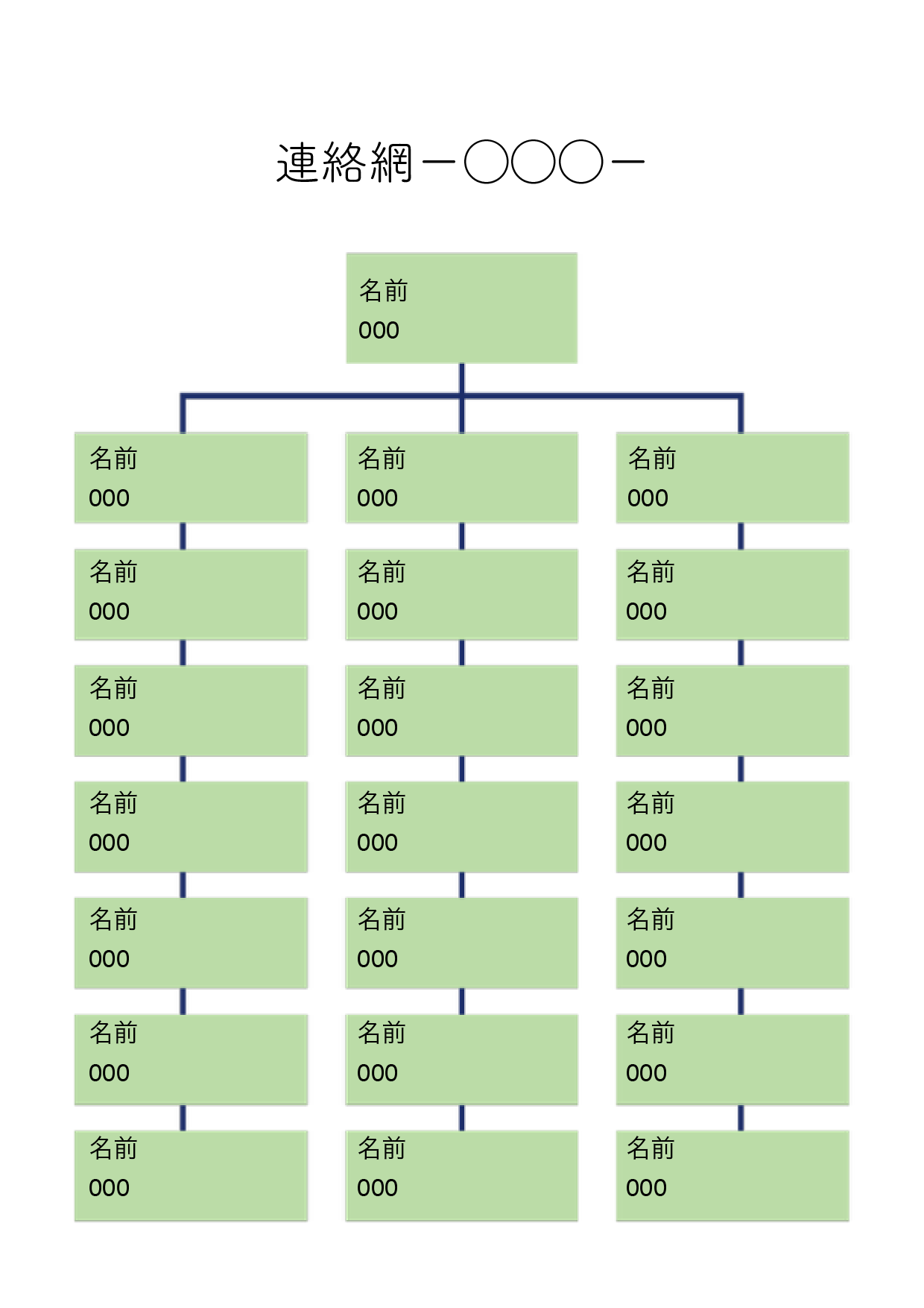 緊急連絡網　テンプレート（ワード・ページズ）２１人分＋１人（大元）グリーン