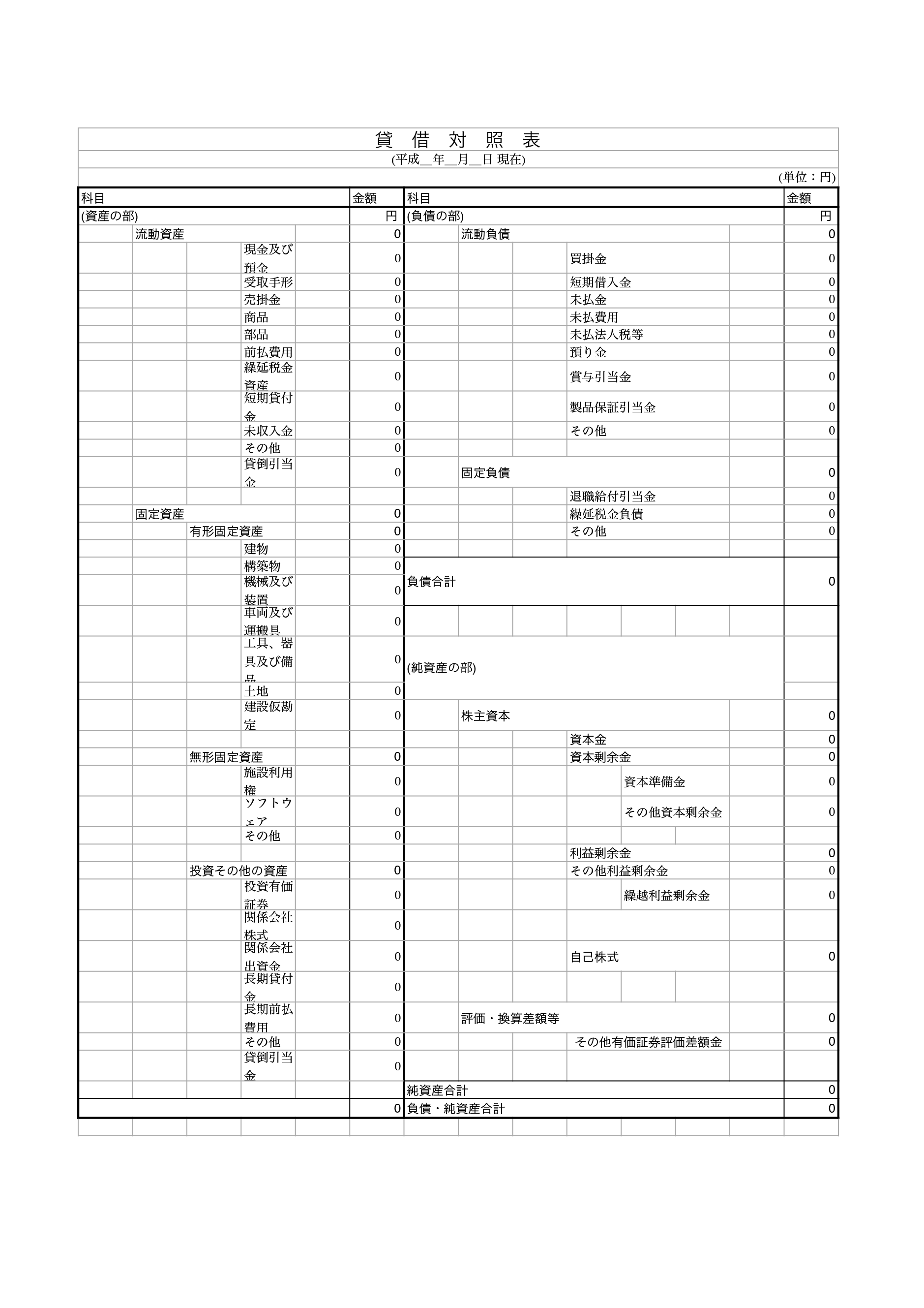 貸借対照表 テンプレート（エクセル・ナンバーズ）