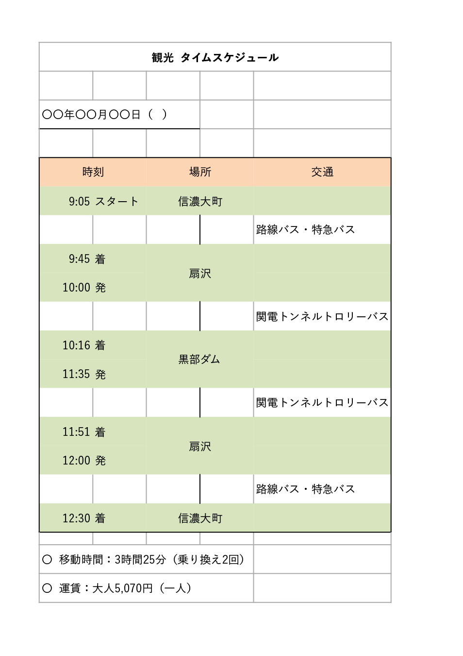 観光タイムスケジュール テンプレート エクセル ナンバーズ 無料