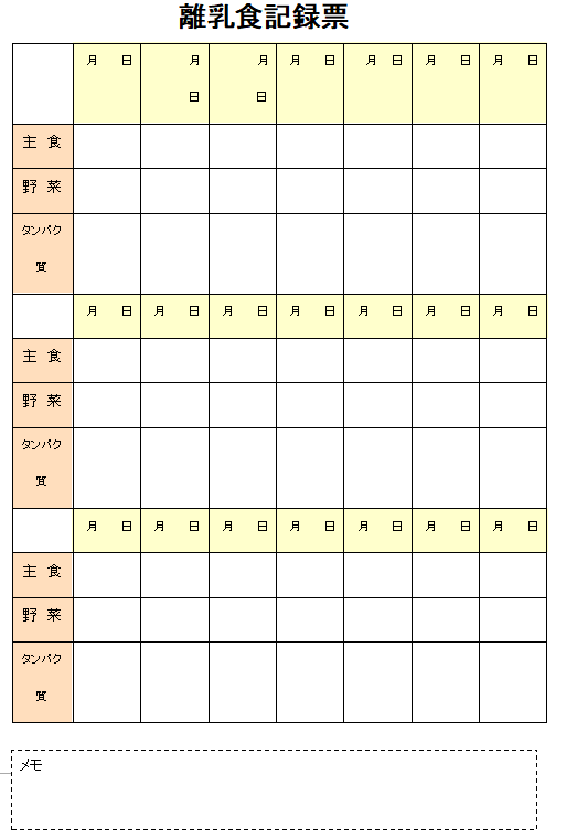 離乳食記録表の無料素材テンプレート Wordワード 無料テンプレート Mac Windows ひな形ジャーナル